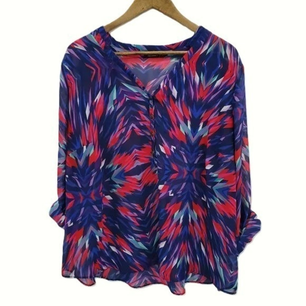 a.n.a Womens 2X Multicolor Abstract V-Neck Roll Tab Sheer Blouse‎ Top Plus Size